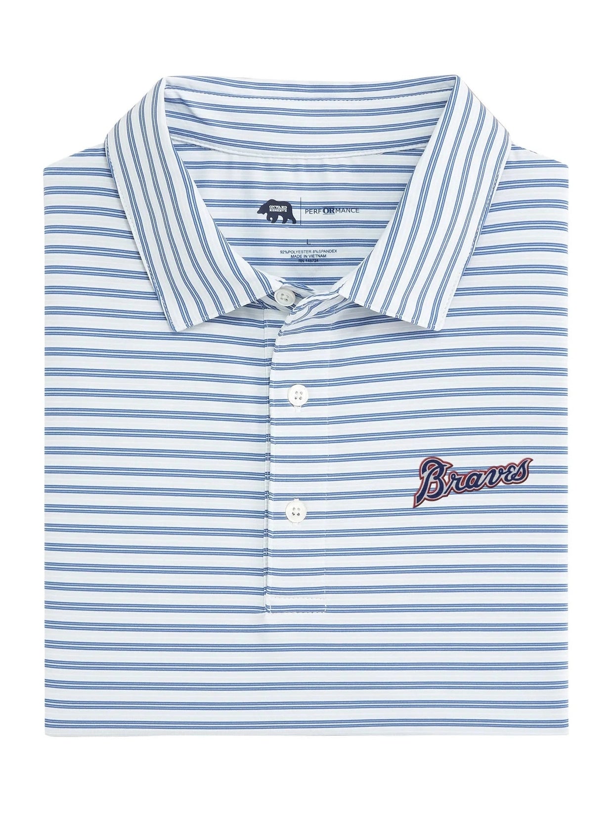 Cooperstown Braves Script Wedge Stripe Performance Polo shop-escape-outdoors